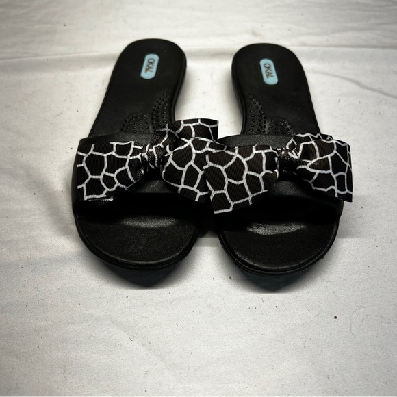 OKAB WOMENS MADISON SLIDE SANDAL black with leopard Bows size medium‎ - Picture 1 of 9